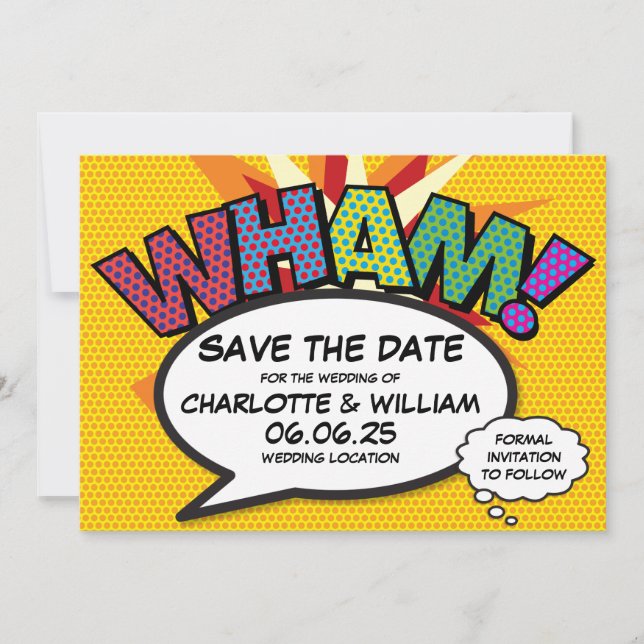 WHAM Rettet das Datum Spaß Retro-Comic- Pop-Art Save The Date (Vorderseite)