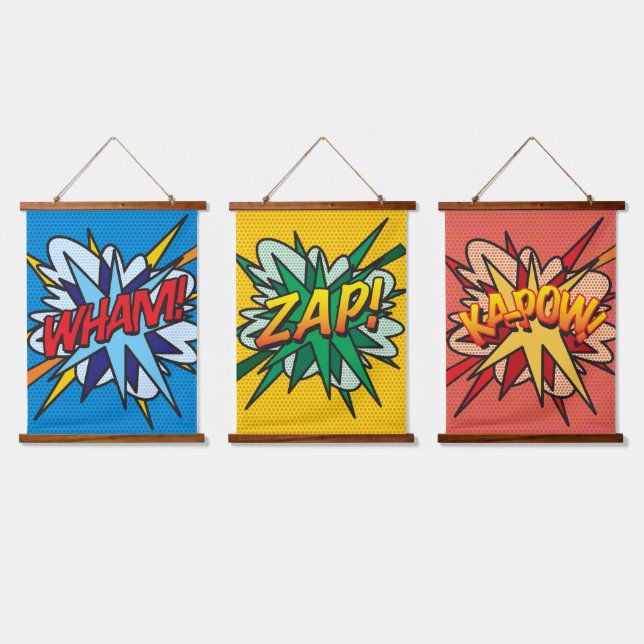 WHAM ZAP KAPOW Comic Book Modern Wandteppich Mit Holzrahmen (Dreifach)