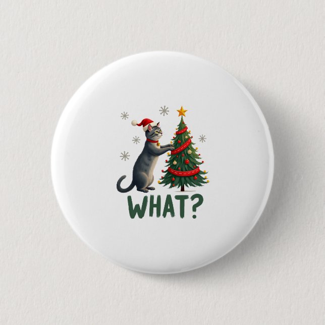 What Funny Cat Pushing Christmas Tree Over Cat Xma Button (Vorderseite)