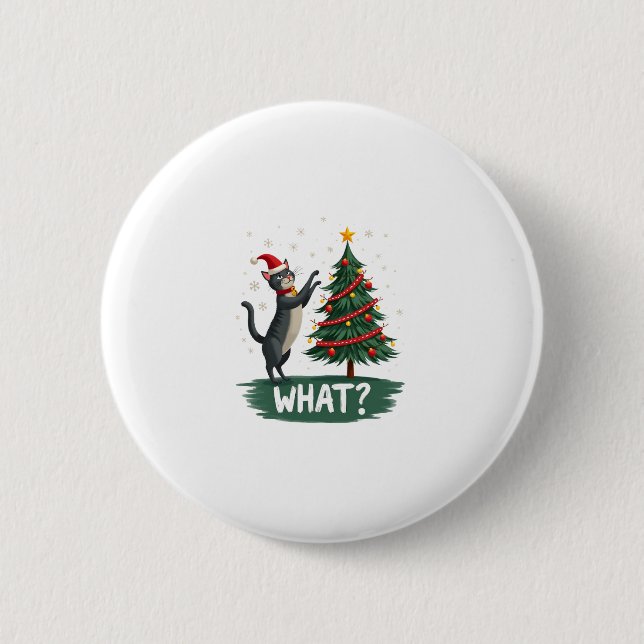 What Funny Cat Pushing Christmas Tree Over Cat Xma Button (Vorderseite)