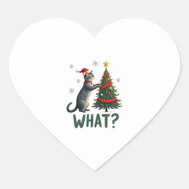 What Funny Cat Pushing Christmas Tree Over Cat Xma Herz-Aufkleber (Vorderseite)