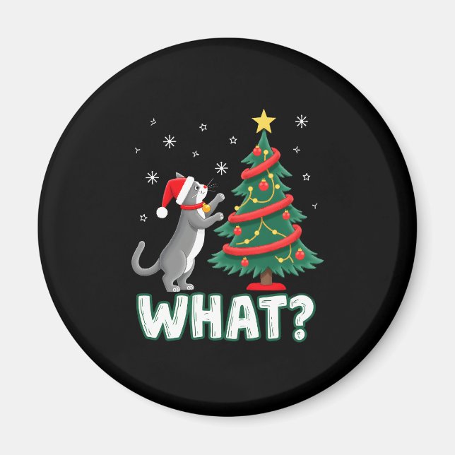 What Funny Cat Pushing Christmas Tree Over Cat Xma Magnet (Vorne)
