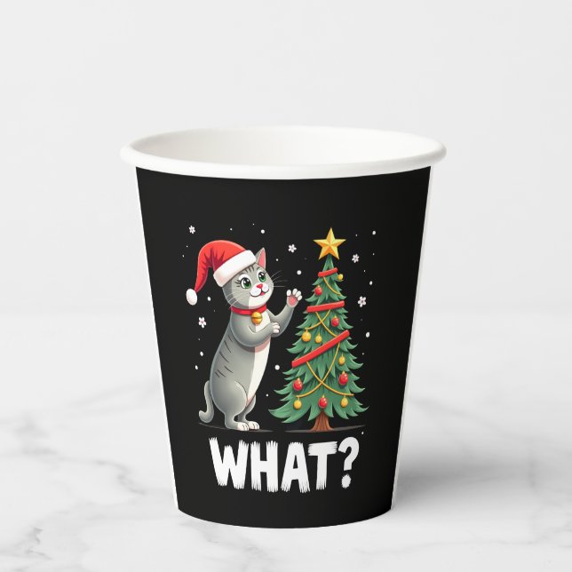 What Funny Cat Pushing Christmas Tree Over Cat Xma Pappbecher (Vorderseite)