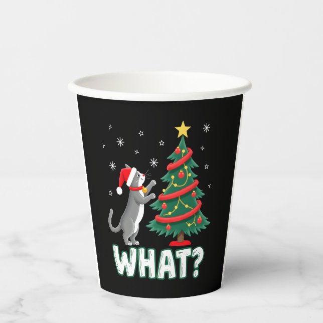 What Funny Cat Pushing Christmas Tree Over Cat Xma Pappbecher (Vorderseite)