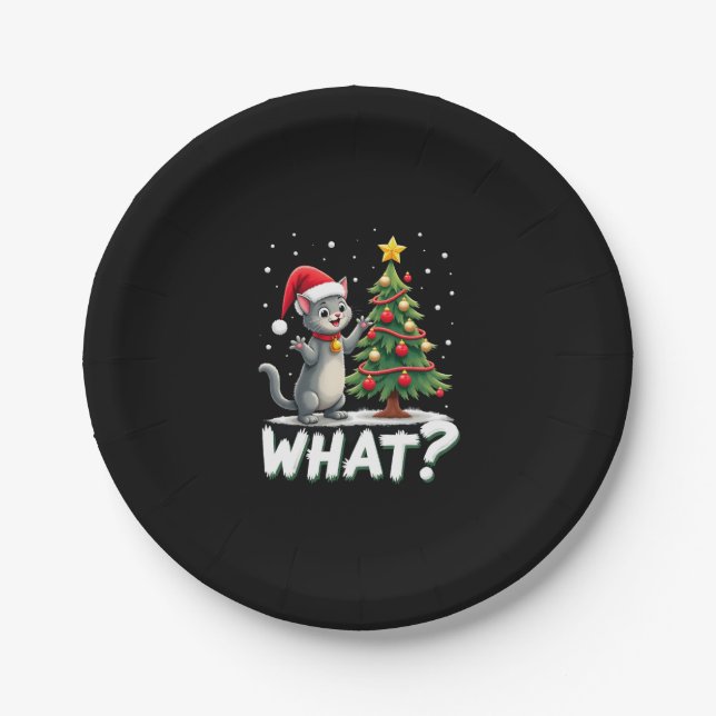 What Funny Cat Pushing Christmas Tree Over Cat Xma Pappteller (Vorderseite)