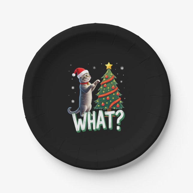 What Funny Cat Pushing Christmas Tree Over Cat Xma Pappteller (Vorderseite)