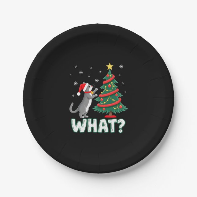 What Funny Cat Pushing Christmas Tree Over Cat Xma Pappteller (Vorderseite)