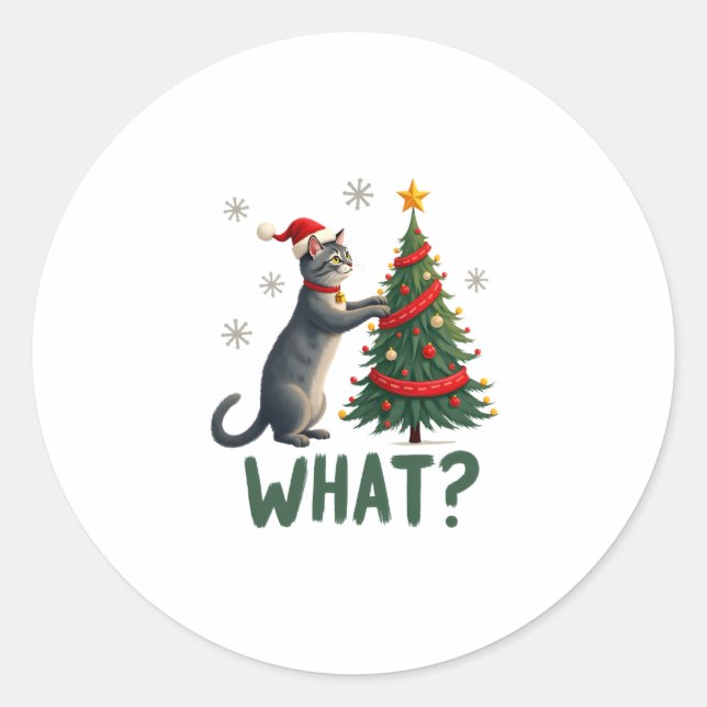 What Funny Cat Pushing Christmas Tree Over Cat Xma Runder Aufkleber (Vorderseite)