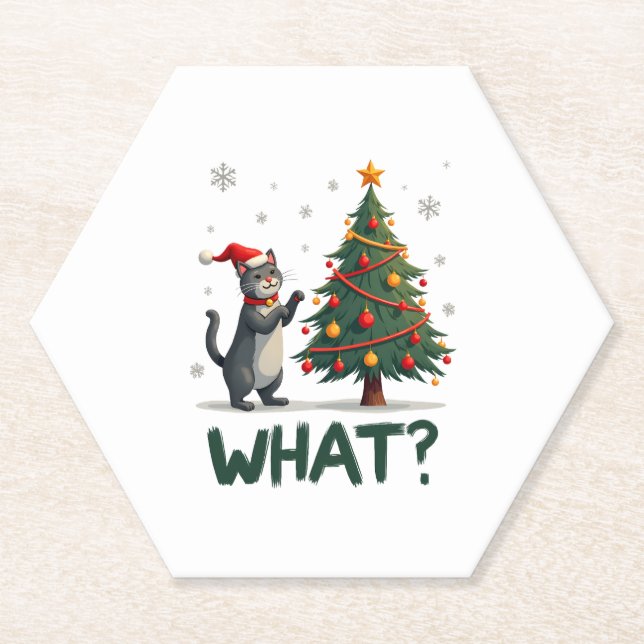 What Funny Cat Pushing Christmas Tree Over Cat Xma Untersetzer (Vorderseite)