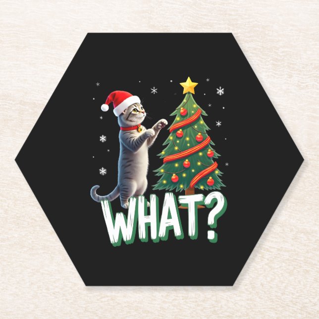 What Funny Cat Pushing Christmas Tree Over Cat Xma Untersetzer (Vorderseite)