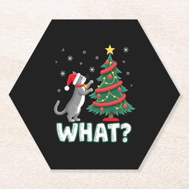 What Funny Cat Pushing Christmas Tree Over Cat Xma Untersetzer (Vorderseite)
