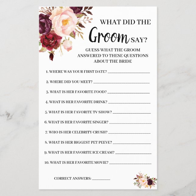 What Groom say Marsala Bridal Shower Game Card Flyer (Vorne)