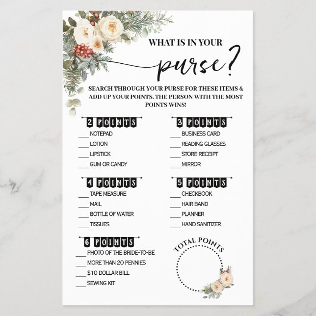 What is in Purse Winter Bridal Shower Game Card Flyer (Vorne)