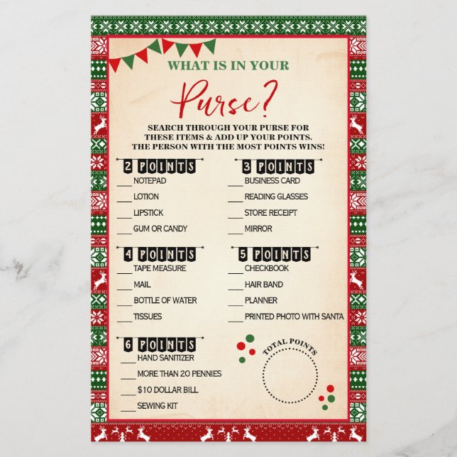 What is in Your Purse Ugly Sweater Game Card Flyer (Vorne)
