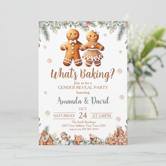 What's Baking Gingerbread Gender Reveal Einladung (Stehend Vorderseite)