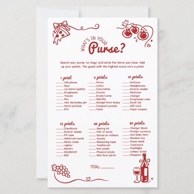 Whats In Your Purse Italian Bridal Party Game Card (Vorderseite)