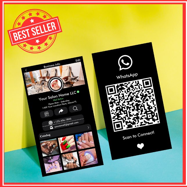 WhatsApp Black Nail Salon Social Media QR Visitenkarte (Von Creator hochgeladen)