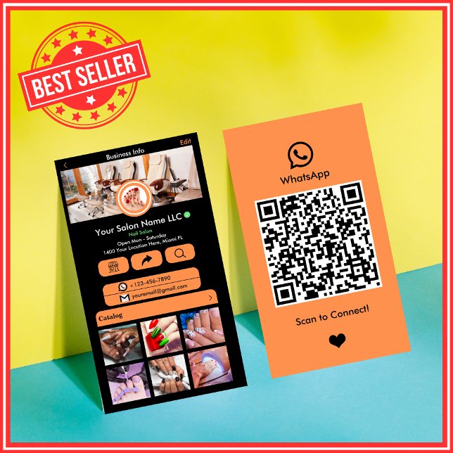 WhatsApp Nail Salon Orange Social Media QR-Code Visitenkarte (Von Creator hochgeladen)