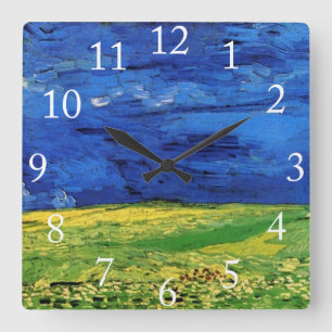Wheat Fields Under Clouded Sky Van Gogh Quadratische Wanduhr