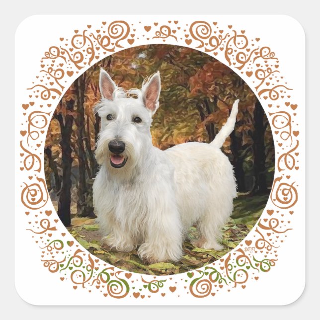 Wheaten Scottish Terrier Autumn Quadratischer Aufkleber (Vorderseite)