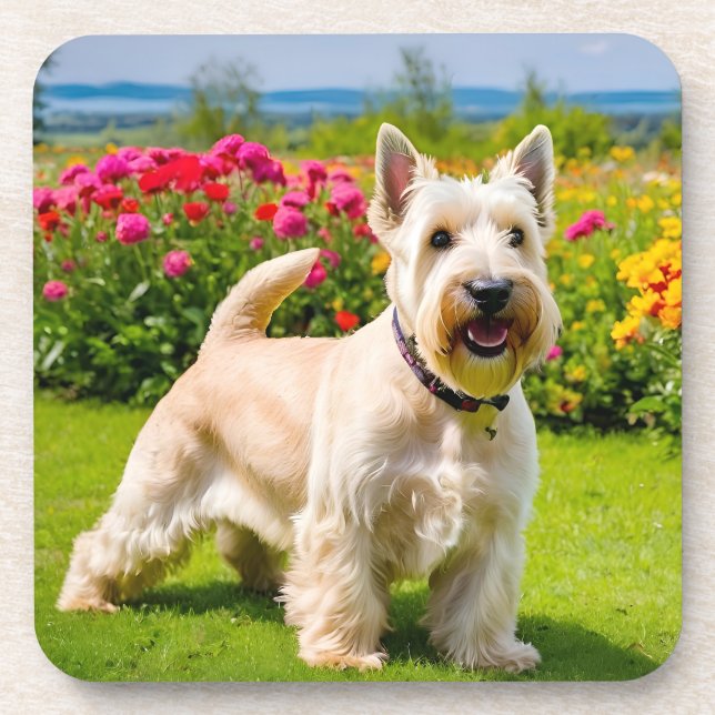 Wheaten Scottish Terrier spielt in Blume Grass Getränkeuntersetzer (Vorderseite)