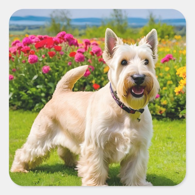 Wheaten Scottish Terrier spielt in Blume Grass Quadratischer Aufkleber (Vorderseite)