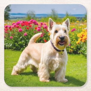 Wheaten Scottish Terrier spielt in Blume Grass Rechteckiger Pappuntersetzer