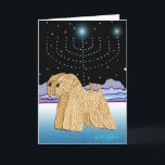 "Wheaten Terrier bei Chanukah " Feiertagskarte<br><div class="desc">" Wheaten Terrier bei Chanukah" ist ein einzigartiger Kunstentwurf für den jüdischen Feiertag "Chanukah, " zwei weiche überzogene wheaten Terrier und ein Chanukka menorah kennzeichnend,  das durch die Sterne beleuchtet wird. Wir haben das Innere des Kartenfreien raumes verlassen,  damit Sie besonders anfertigen.  Ursprüngliches wheaten Grafik Â© Melanie Licht 2005.</div>