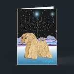 "Wheaten Terrier bei Chanukah " Feiertagskarte<br><div class="desc">" Wheaten Terrier bei Chanukah" ist ein einzigartiger Kunstentwurf für den jüdischen Feiertag "Chanukah, " zwei weiche überzogene wheaten Terrier und ein Chanukka menorah kennzeichnend,  das durch die Sterne beleuchtet wird. Wir haben das Innere des Kartenfreien raumes verlassen,  damit Sie besonders anfertigen.  Ursprüngliches wheaten Grafik Â© Melanie Licht 2005.</div>