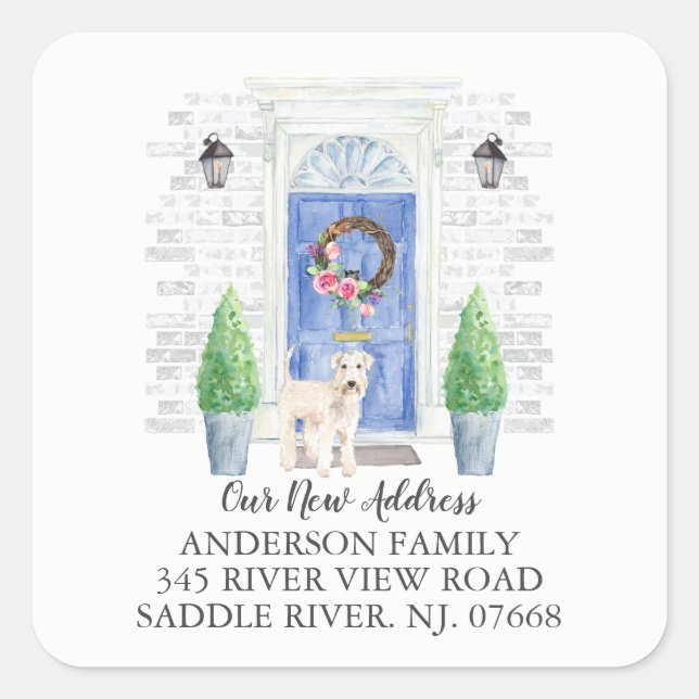 Wheaten Terrier Blue Door New Address Label Quadratischer Aufkleber (Vorderseite)