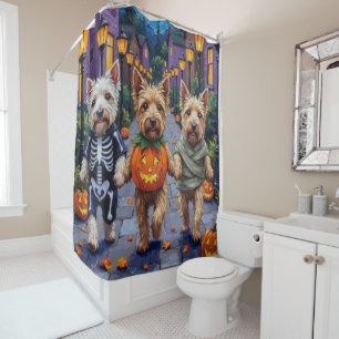 Wheaten-Terrier-Hunde in Halloween-Kostümen Duschvorhang