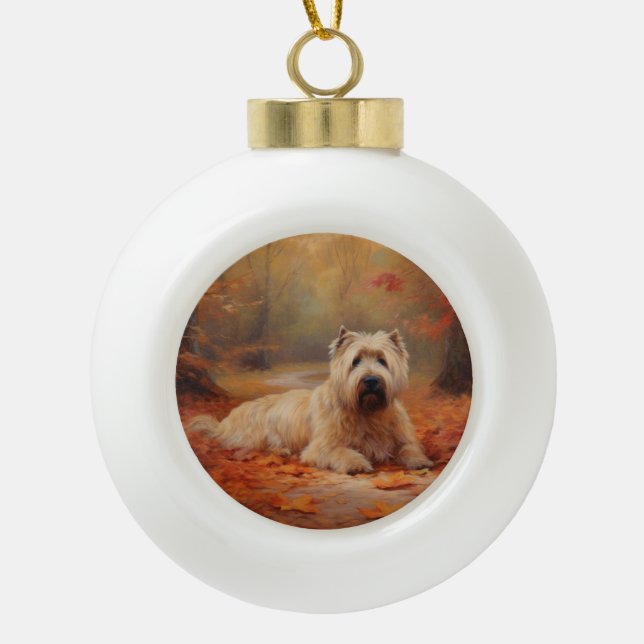 Wheaten Terrier im Herbst Leaves Inspiriert Keramik Kugel-Ornament (Vorderseite)