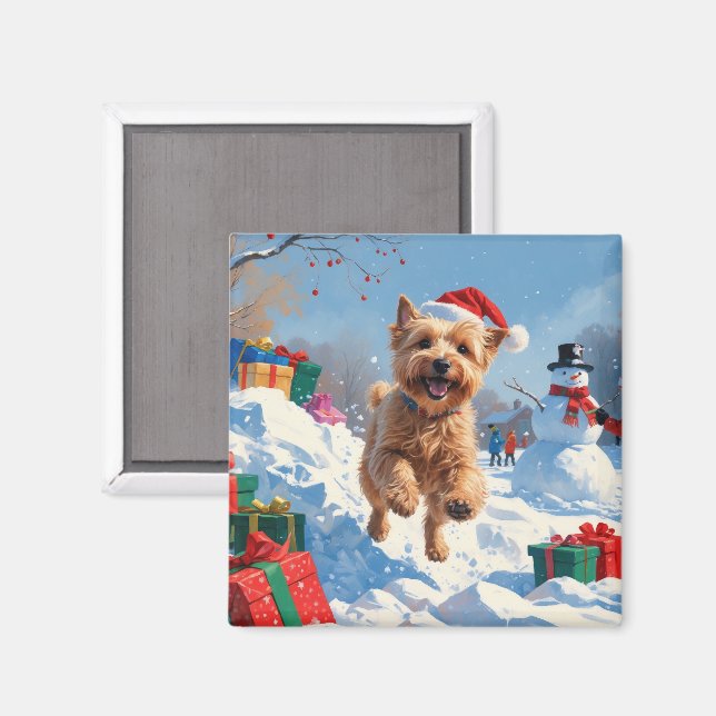 Wheaten Terrier läuft im Schnee mit Weihnachtshut Magnet (Vorderseite/Rückseite)