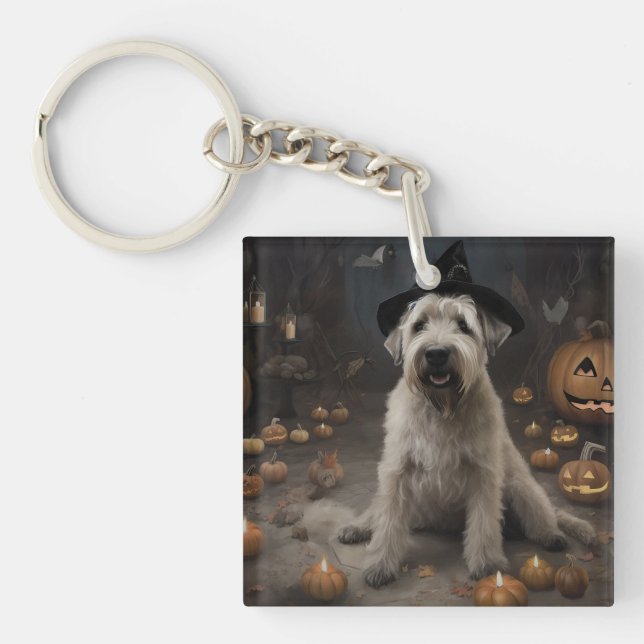 Wheaten Terrier Pumpkins Halloween Beängstigend Schlüsselanhänger (Vorderseite)