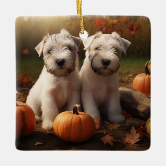 Wheaten Terrier Welpe Autumn Delight Pumpkin Keramikornament (Vorderseite)