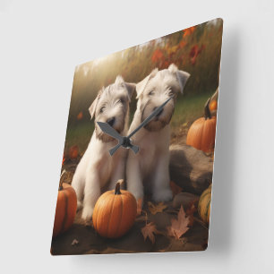 Wheaten Terrier Welpe Herbstfreude Kürbis Quadratische Wanduhr