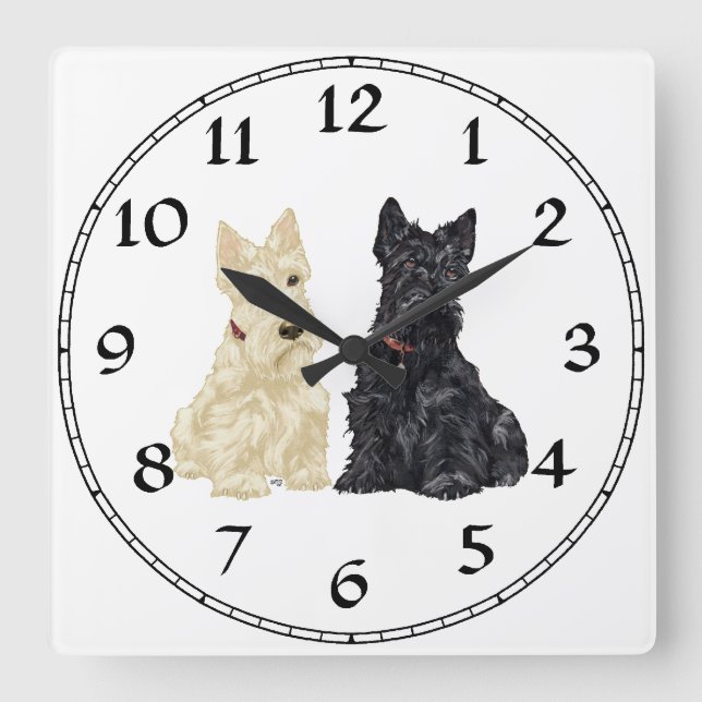 Wheaten u. schwarze schottische Terrier Quadratische Wanduhr (Vorderseite)