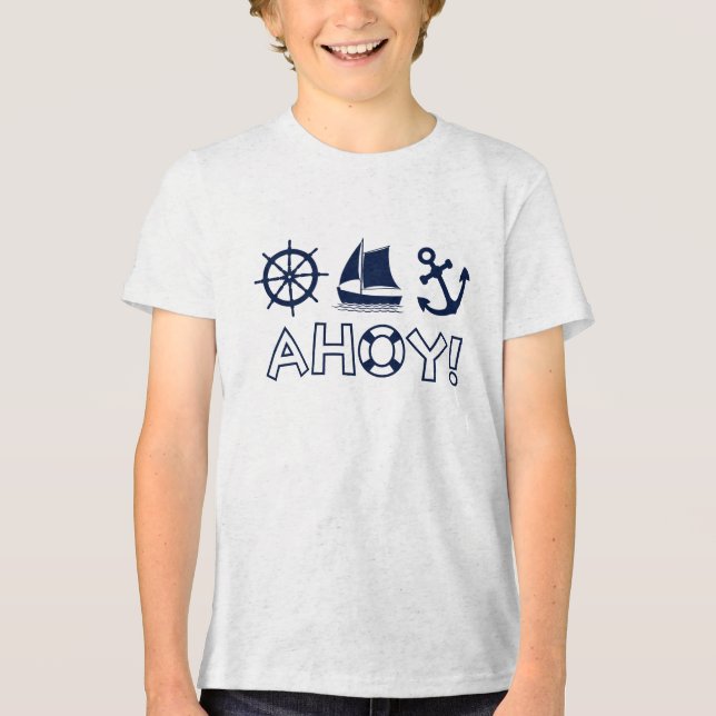 Wheel Sailboat Anchor Ahoy! Dunkelblau Tri-Blend Shirt (Vorderseite)
