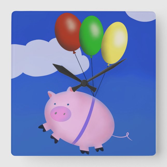 When Pigs Fly Cute Pig Floating Balloons Quadratische Wanduhr (Vorderseite)