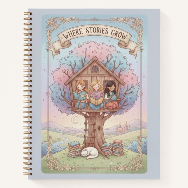 Where Stories Grow Treehouse & Reading Cat Journal Notizbuch (Vorderseite)
