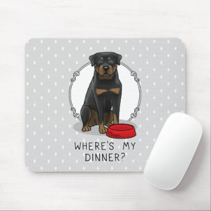 Where's My Dinner? Rottweiler with Red Dog Dish Mousepad