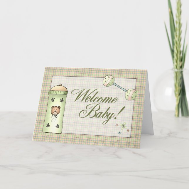 Whimical Kariert Welcome Baby Ankündigung (Vorderseite)