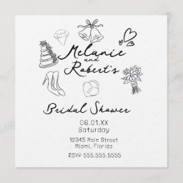 Whimiscal Cute Doodles Black White Bridal Shower Einladung