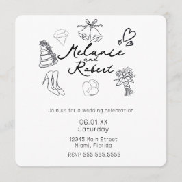 Whimiscal Cute Doodles Black White Wedding Einladung