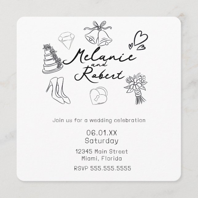 Whimiscal Cute Doodles Black White Wedding Einladung (Vorderseite)