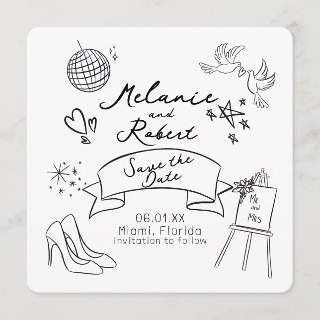 Whimiscal Doodles Black White Save the Date Einladung (Vorderseite)
