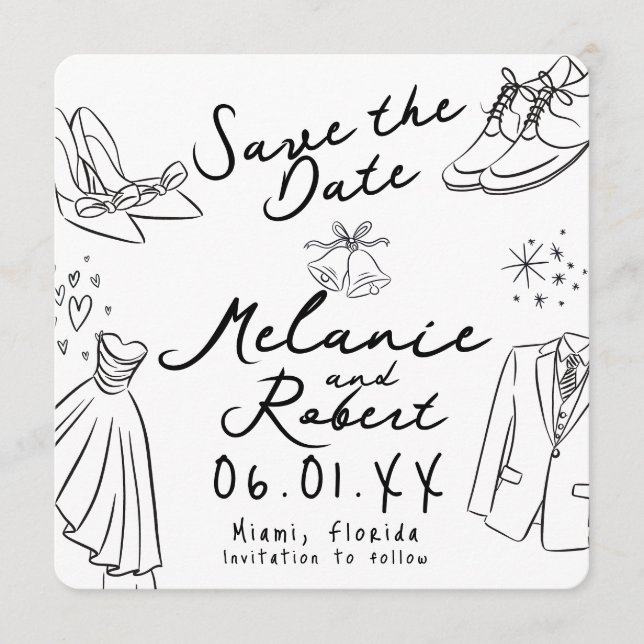 Whimiscal Doodles Groom Bride Save the Date Einladung (Vorderseite)