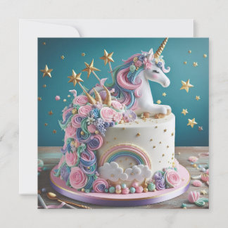WHIMISCAL PINK & BLUE UNICORN CAKE BIRTHDAY EINLADUNG