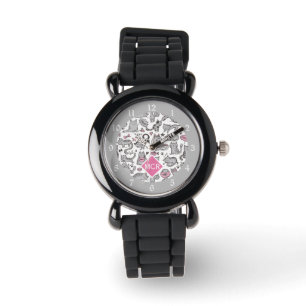 Whimiscal Pink und Gray Cartoon Cat Geschenkideen Armbanduhr