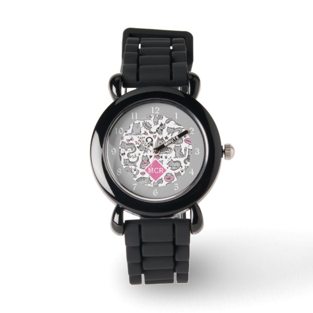 Whimiscal Pink und Gray Cartoon Cat Geschenkideen Armbanduhr (Vorderseite)